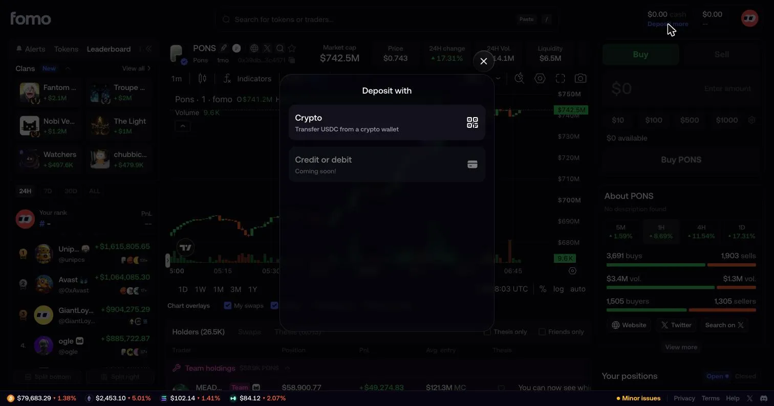 Fomo's 'Deposit with' modal showing Crypto (USDC) available and Credit or debit marked 'Coming soon'