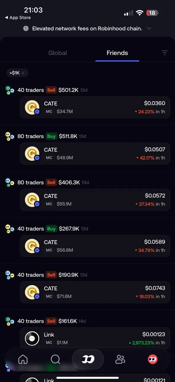 Fomo's Friends feed showing grouped buy and sell activity from followed traders on specific tokens