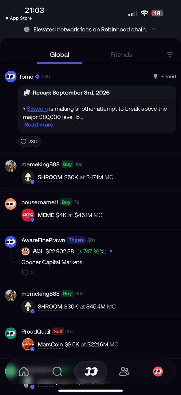 Fomo's Global feed showing other users' buy and sell orders posted seconds ago