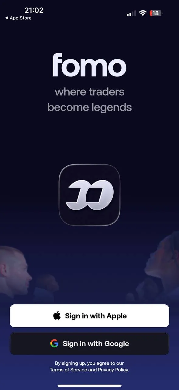 Fomo's sign-in screen on mobile, reading 'where traders become legends' with Sign in with Apple and Sign in with Google buttons