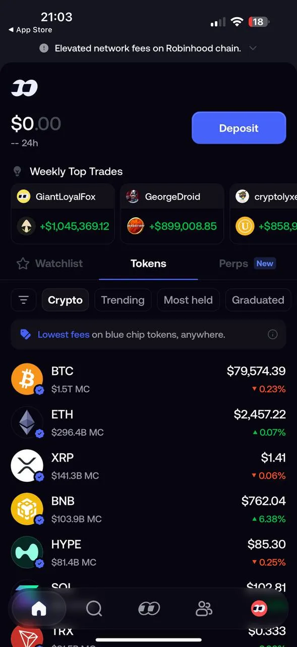 Fomo's mobile home screen showing a $0 portfolio balance, a Deposit button, Weekly Top Trades, and a token list including BTC, ETH, and XRP