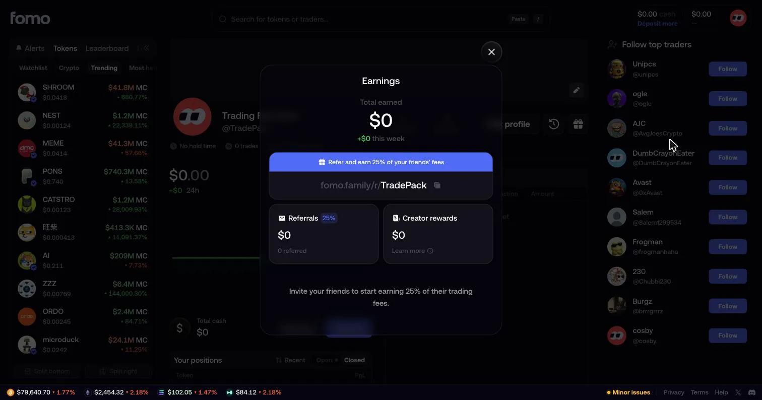 Fomo app Earnings screen showing 'Refer and earn 25% of your friends' fees' and a referral link