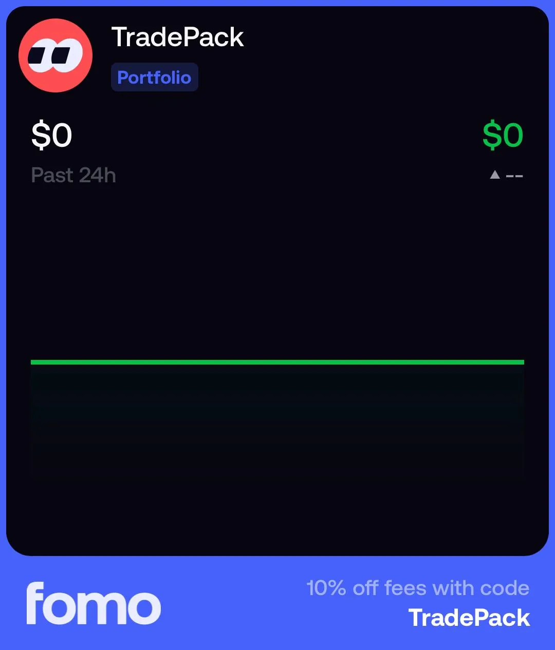 Fomo's own share card for the TradePack account, reading "10% off fees with code TradePack"