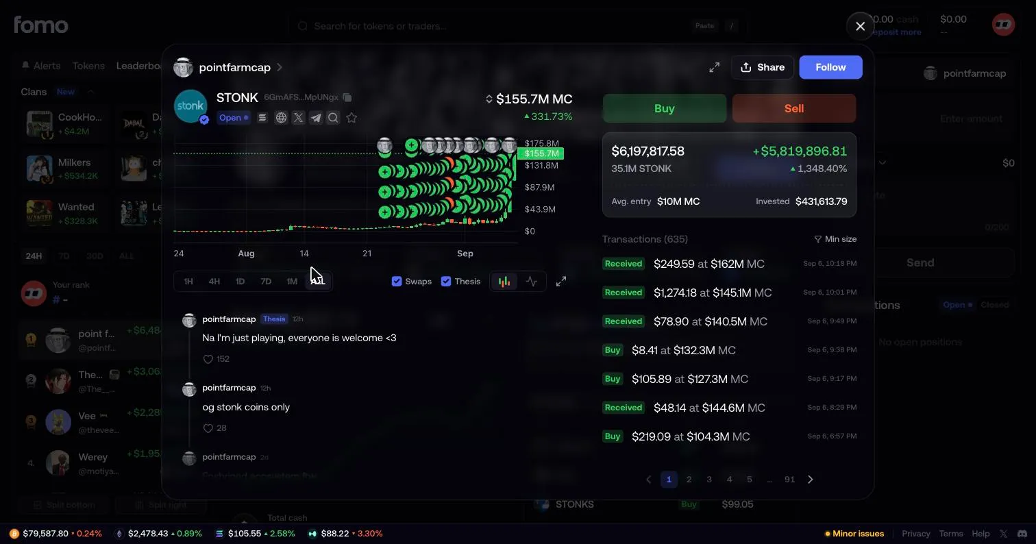 A trader's full position detail on one token — entry point, transaction history, and their stated reasoning